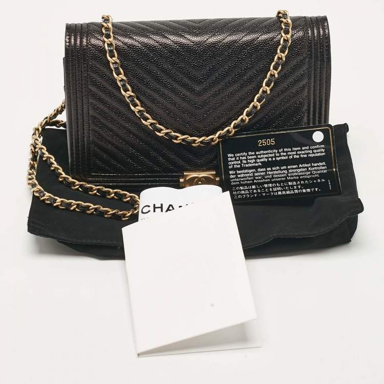 Pre Owned Chanel Black Chevron Caviar Leather Boy Wallet On Chain