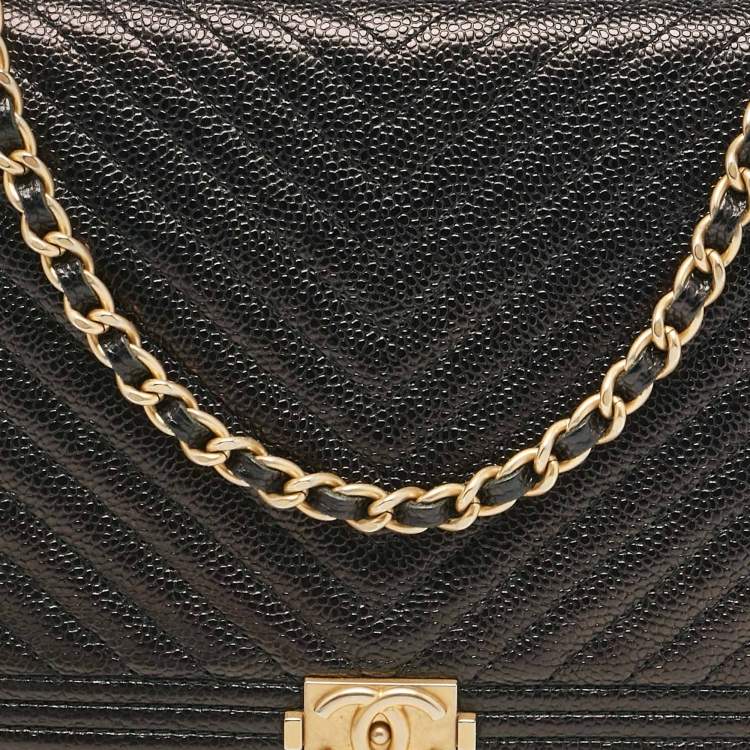 Pre Owned Chanel Black Chevron Caviar Leather Boy Wallet On Chain