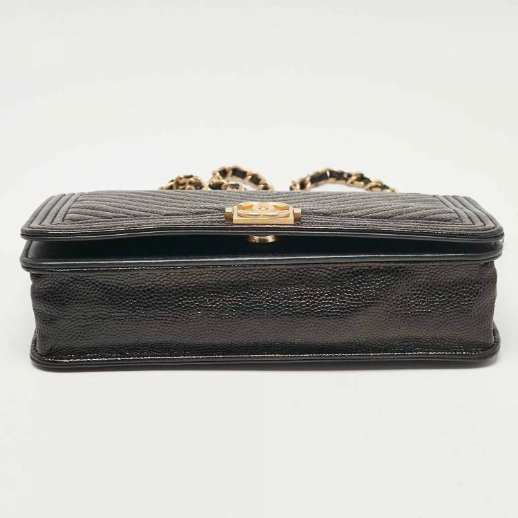 Pre Owned Chanel Black Chevron Caviar Leather Boy Wallet On Chain