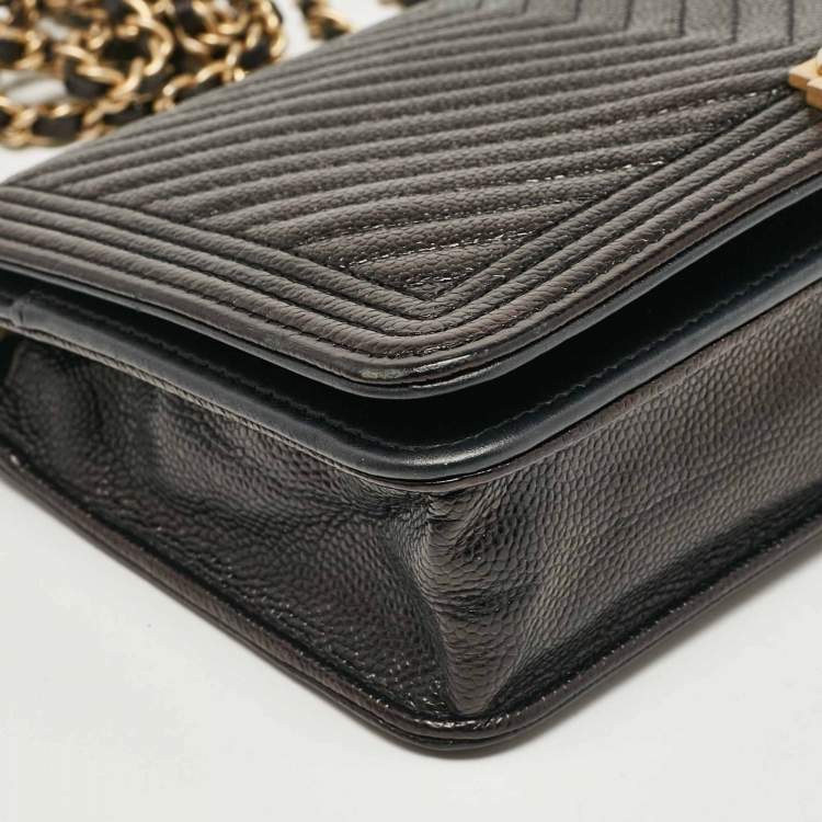 Pre Owned Chanel Black Chevron Caviar Leather Boy Wallet On Chain