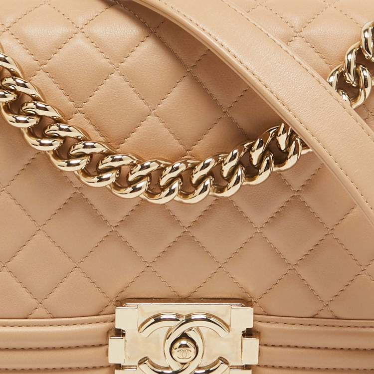 Pre Owned Chanel Beige Quilted Leather Medium Boy Flap Bag