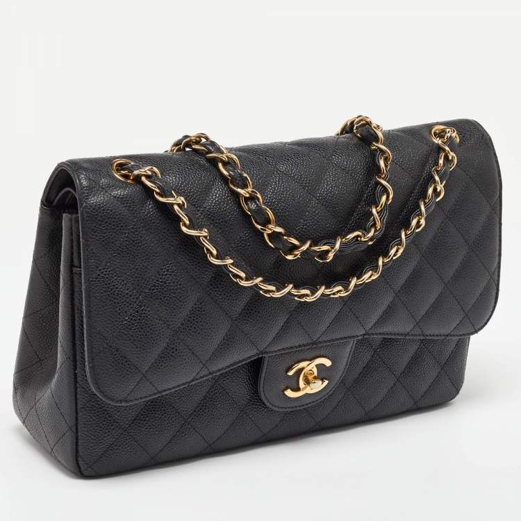 Pre Owned Chanel Black Caviar Quilted Leather Jumbo Classic Double Flap Bag