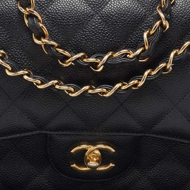 Pre Owned Chanel Black Caviar Quilted Leather Jumbo Classic Double Flap Bag