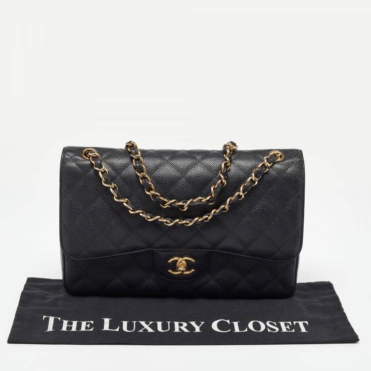 Pre Owned Chanel Black Caviar Quilted Leather Jumbo Classic Double Flap Bag
