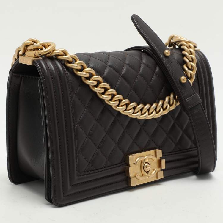 Pre Owned Chanel Brown Quilted Leather Medium Boy Bag