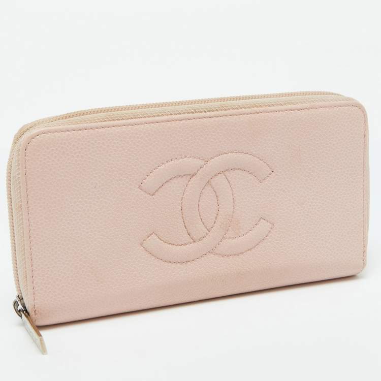 Pre Owned Chanel Pink Caviar Leather CC Timeless Zip Around Wallet