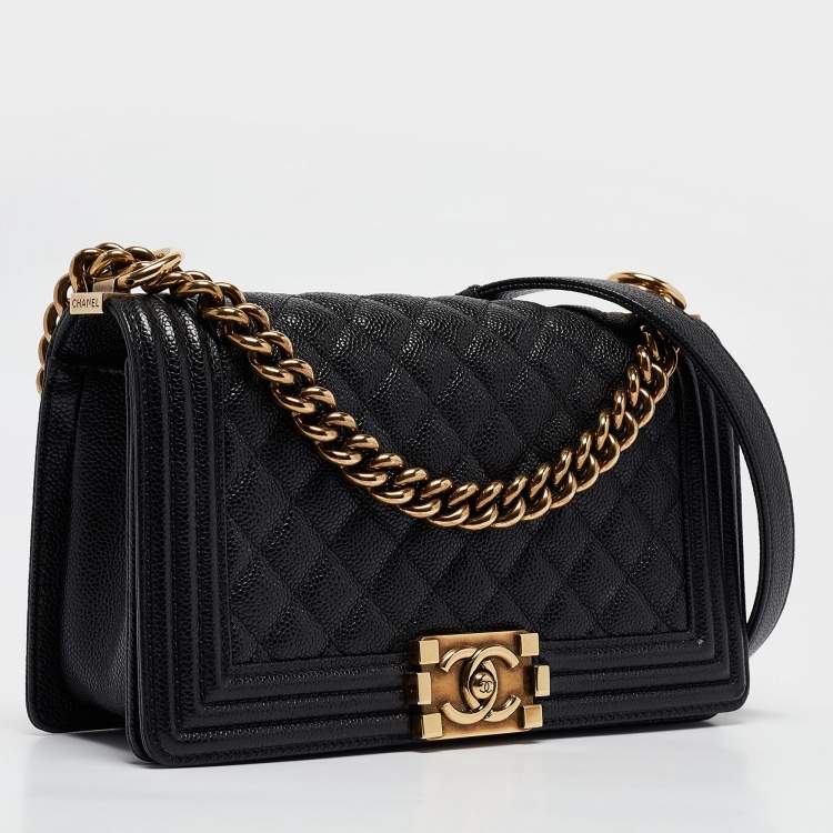 Pre Owned Chanel Black Quilted Caviar Leather Medium Boy Flap Bag
