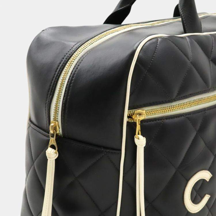 Pre Owned Chanel Black White Leather Matelasse Bowling Boston Bag