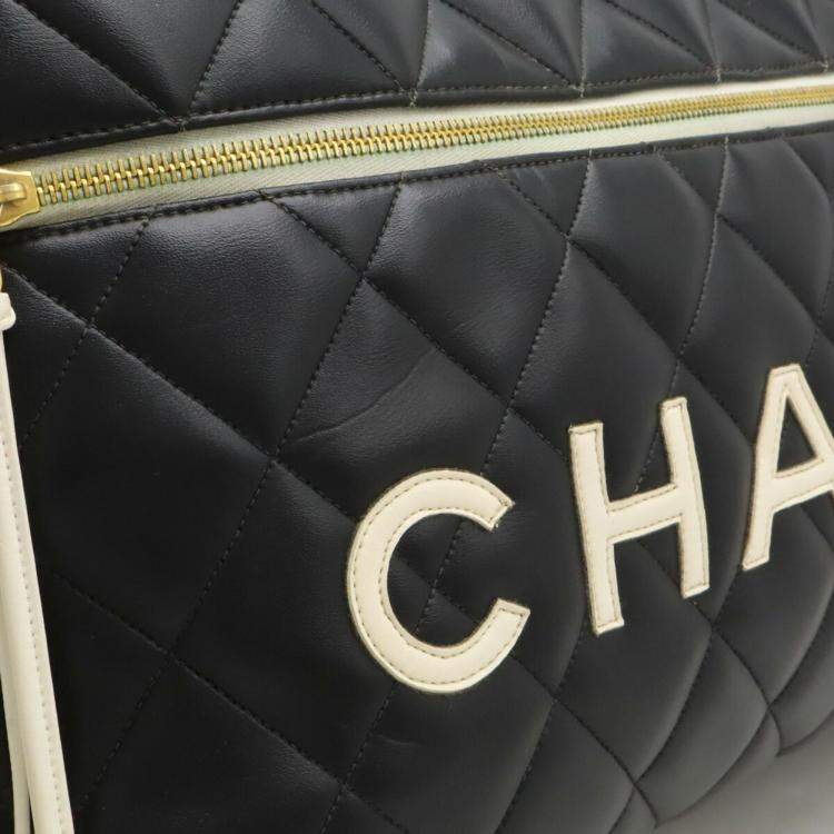 Pre Owned Chanel Black White Leather Matelasse Bowling Boston Bag