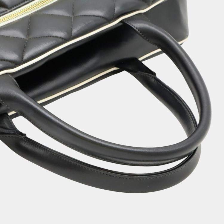 Pre Owned Chanel Black White Leather Matelasse Bowling Boston Bag