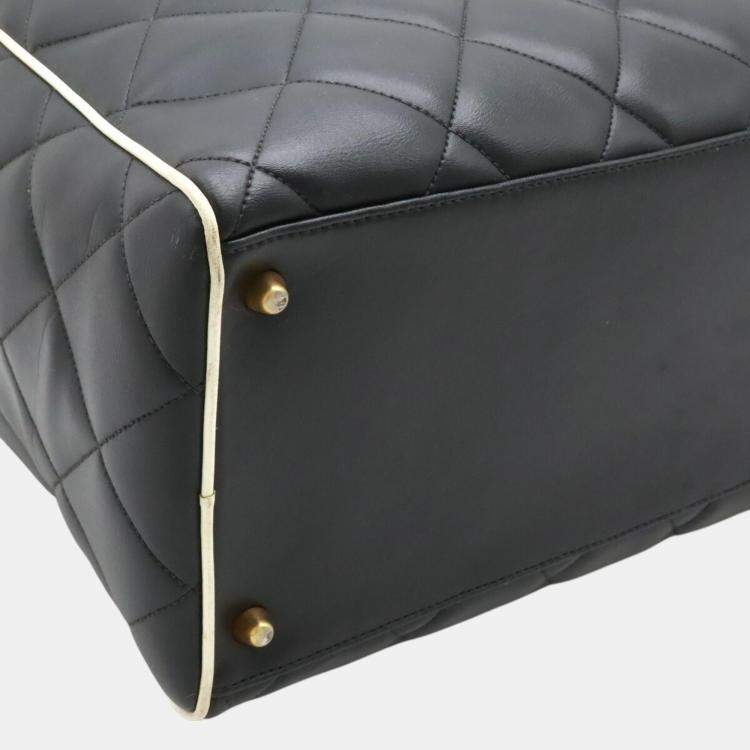 Pre Owned Chanel Black White Leather Matelasse Bowling Boston Bag