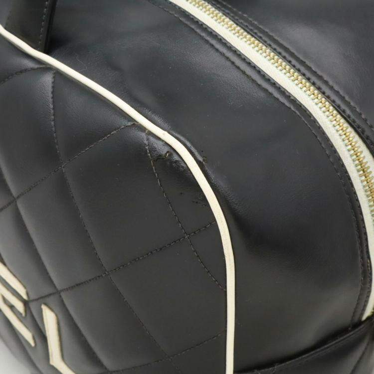 Pre Owned Chanel Black White Leather Matelasse Bowling Boston Bag