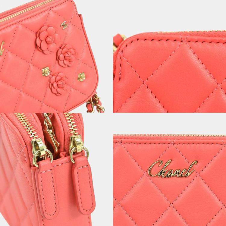 Pre Owned Chanel Pink Gold Leather Matelasse Camellia Wallet Chain Shoulder Bag