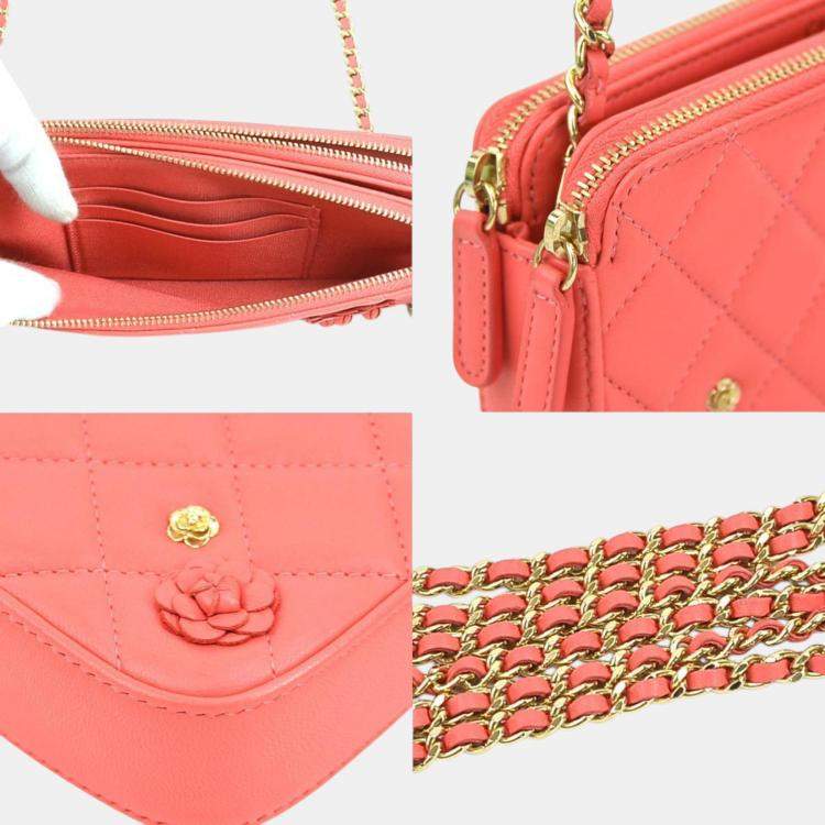 Pre Owned Chanel Pink Gold Leather Matelasse Camellia Wallet Chain Shoulder Bag