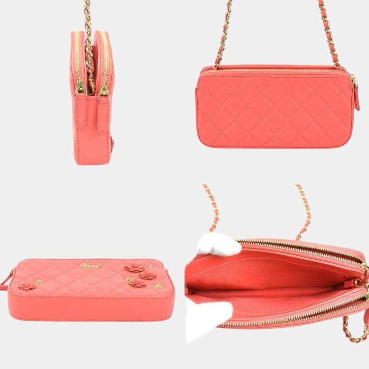 Pre Owned Chanel Pink Gold Leather Matelasse Camellia Wallet Chain Shoulder Bag