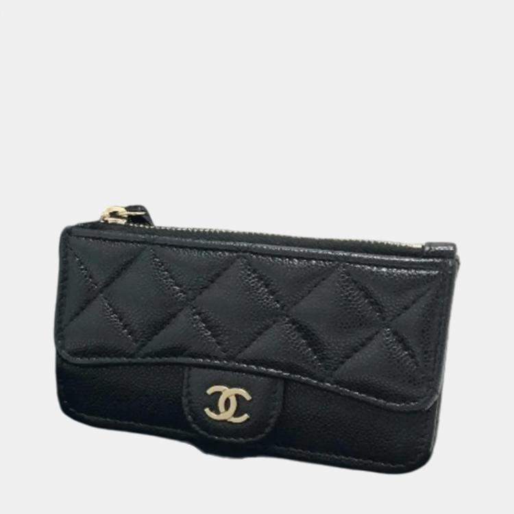 Pre Owned Chanel Black Caviar Skin Coco Mark Matelasse Classic Zip Business Card Holder