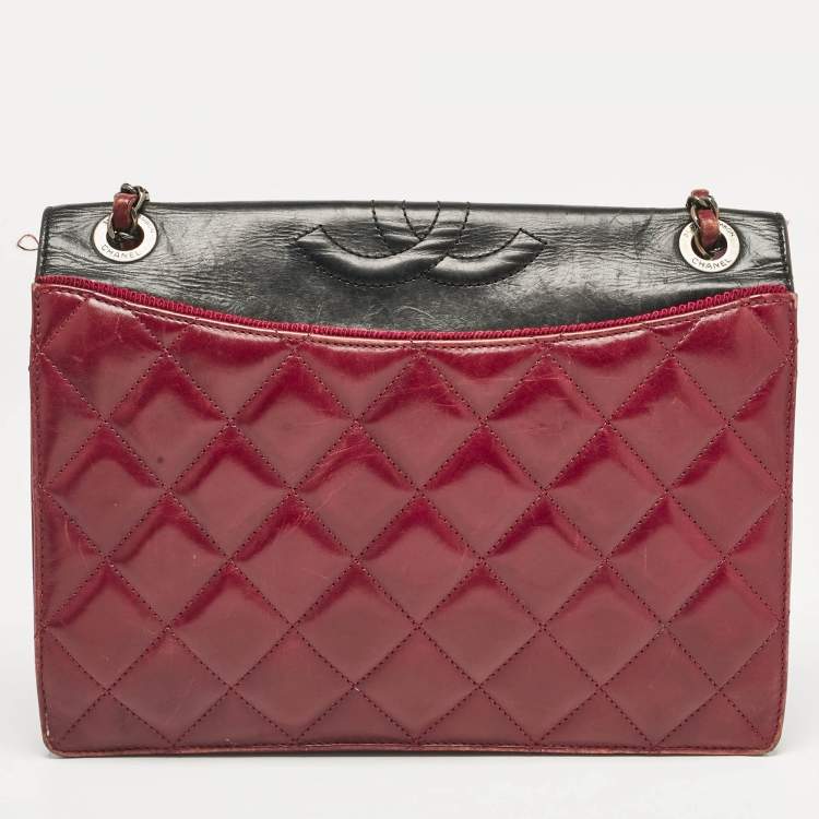 Pre Owned Chanel Burgundy/Black Quilted Leather and Canvas Medium Ballerine Flap Bag