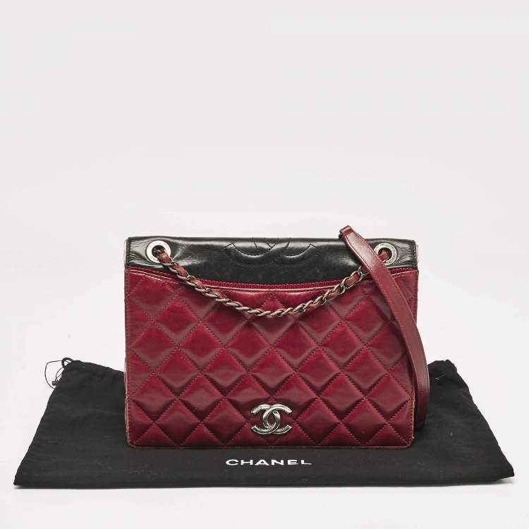 Pre Owned Chanel Burgundy/Black Quilted Leather and Canvas Medium Ballerine Flap Bag