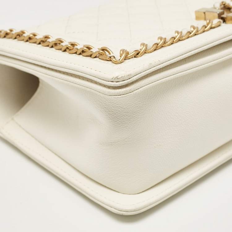 Pre Owned Chanel Off White Quilted Caviar Leather Medium Chain Around Boy Flap Bag