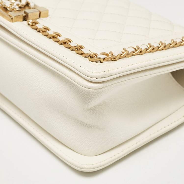 Pre Owned Chanel Off White Quilted Caviar Leather Medium Chain Around Boy Flap Bag