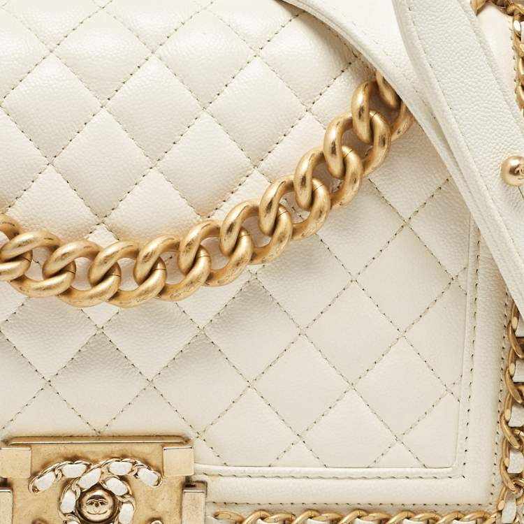 Pre Owned Chanel Off White Quilted Caviar Leather Medium Chain Around Boy Flap Bag