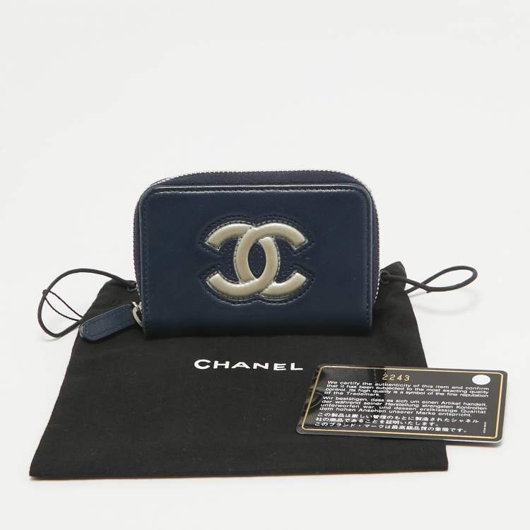 Pre Owned Chanel Blue/Silver Leather CC Zip Coin Purse