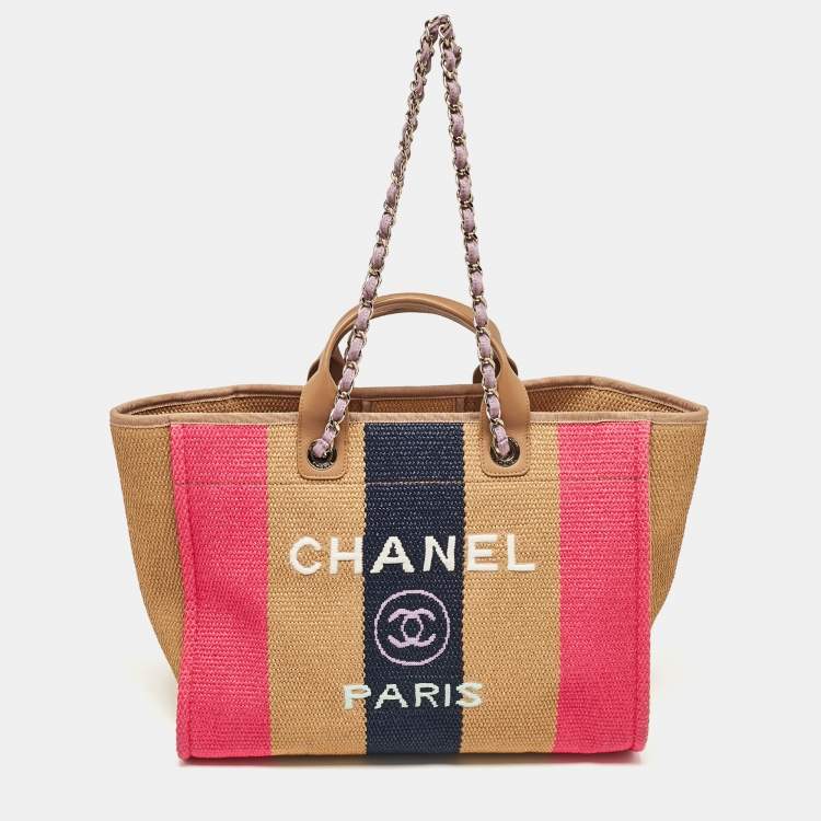 Pre Owned Chanel Multicolor Raffia and Leather Large Stripe Deauville Tote