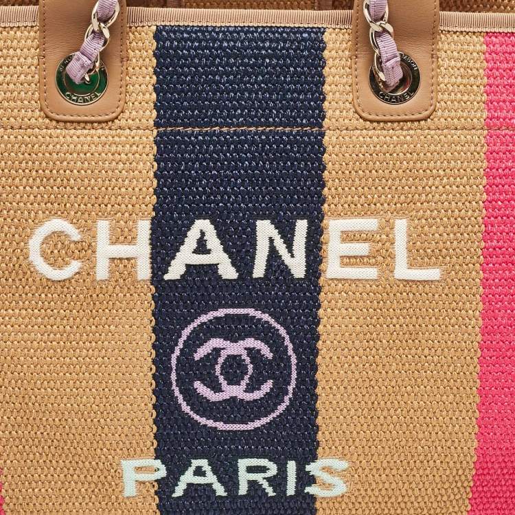 Pre Owned Chanel Multicolor Raffia and Leather Large Stripe Deauville Tote