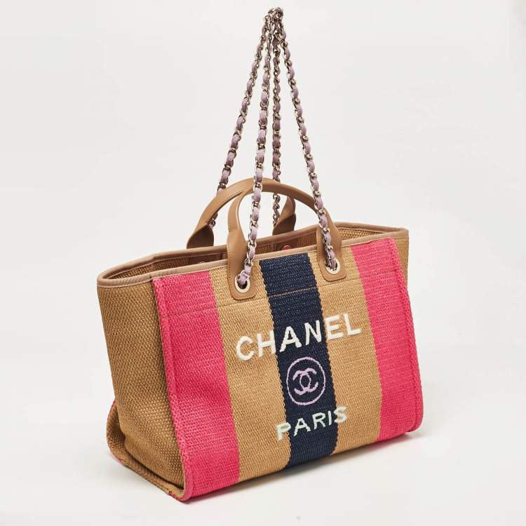 Pre Owned Chanel Multicolor Raffia and Leather Large Stripe Deauville Tote