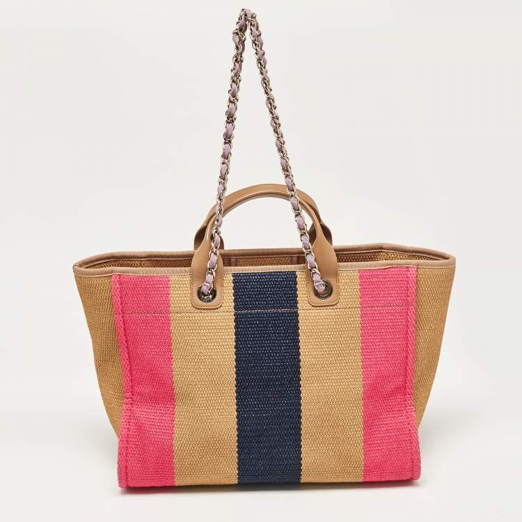 Pre Owned Chanel Multicolor Raffia and Leather Large Stripe Deauville Tote