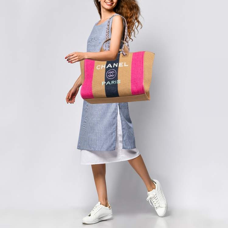 Pre Owned Chanel Multicolor Raffia and Leather Large Stripe Deauville Tote
