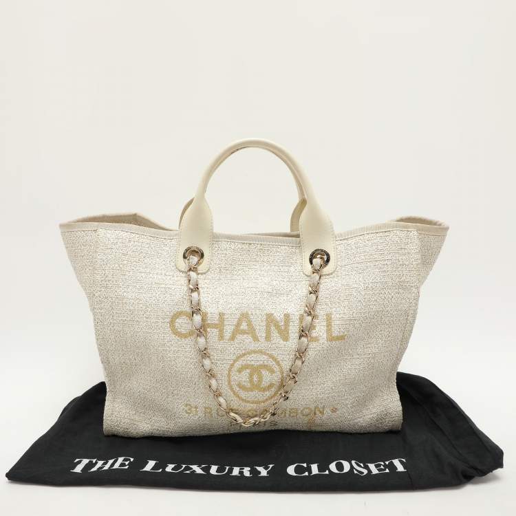 Pre Owned Chanel Cream Tweed and Leather Deauville Tote