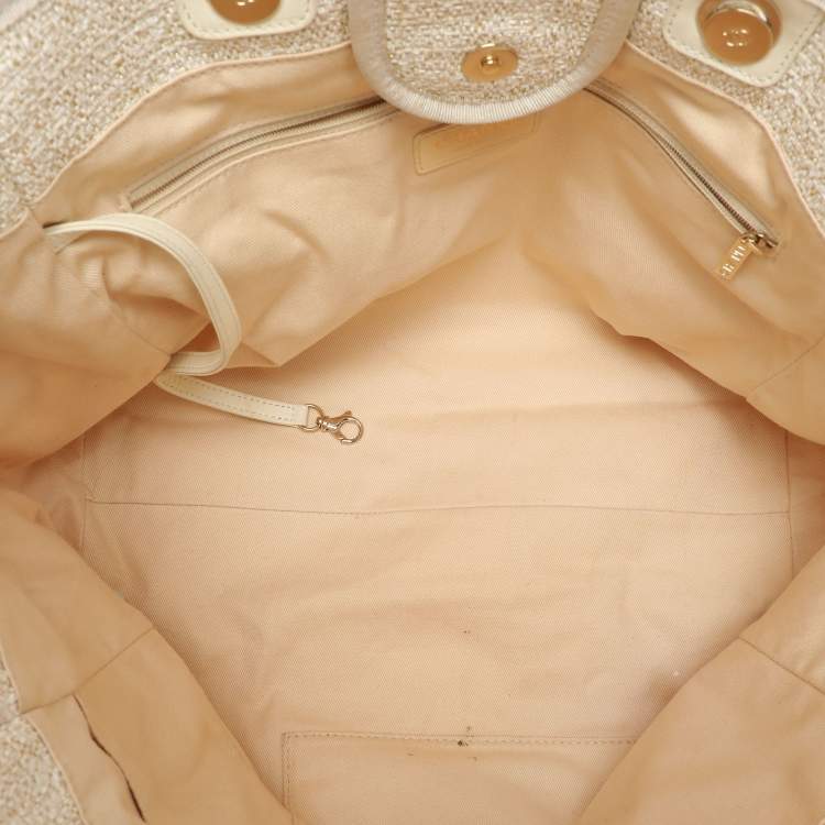 Pre Owned Chanel Cream Tweed and Leather Deauville Tote