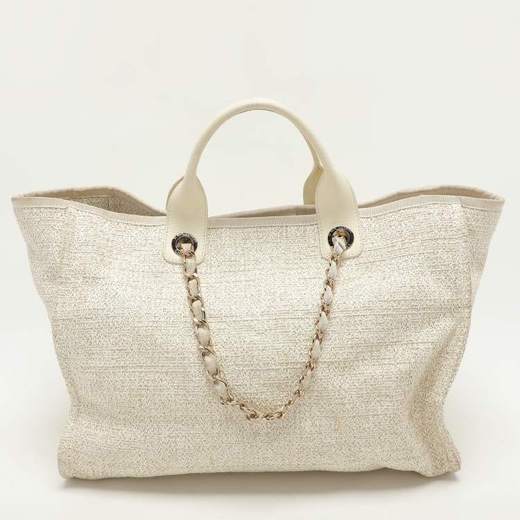 Pre Owned Chanel Cream Tweed and Leather Deauville Tote