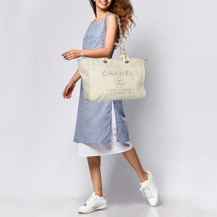 Pre Owned Chanel Cream Tweed and Leather Deauville Tote