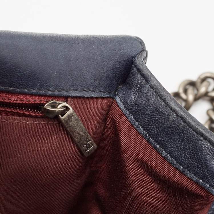 Pre Owned Chanel Navy Blue Quilted Leather New Medium Studded Boy Flap Bag