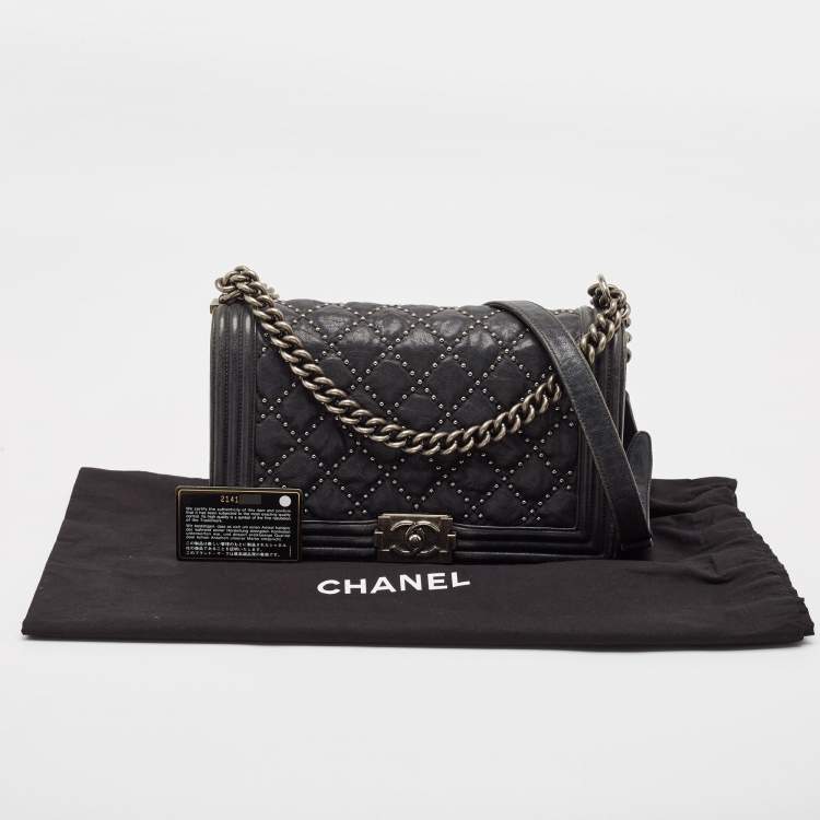 Pre Owned Chanel Navy Blue Quilted Leather New Medium Studded Boy Flap Bag