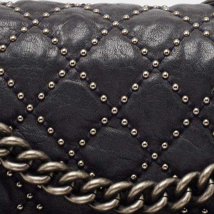 Pre Owned Chanel Navy Blue Quilted Leather New Medium Studded Boy Flap Bag