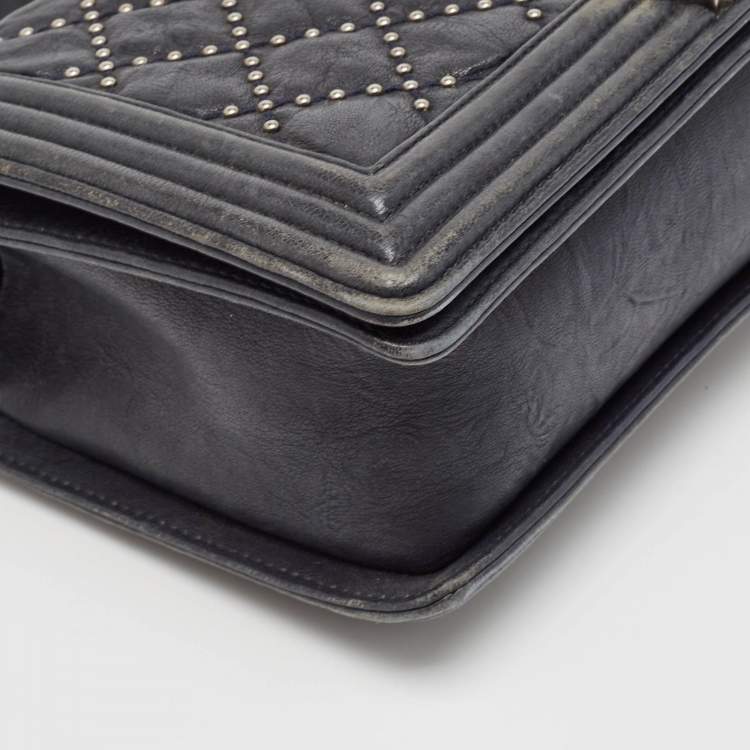 Pre Owned Chanel Navy Blue Quilted Leather New Medium Studded Boy Flap Bag