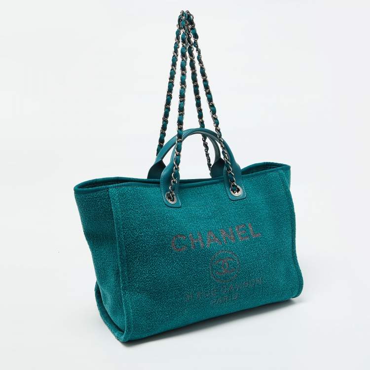 Pre Owned Chanel Teal Green Tweed Large Deauville Shopper Tote