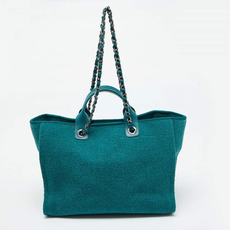 Pre Owned Chanel Teal Green Tweed Large Deauville Shopper Tote