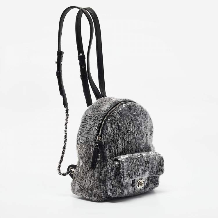 Pre Owned Chanel Ash Grey Sequins Mini Waterfall Backpack