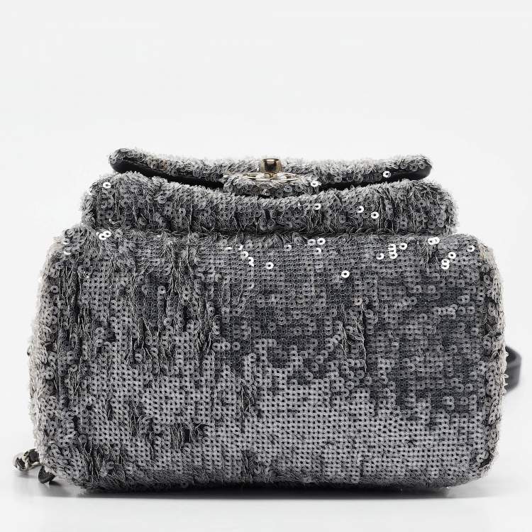 Pre Owned Chanel Ash Grey Sequins Mini Waterfall Backpack