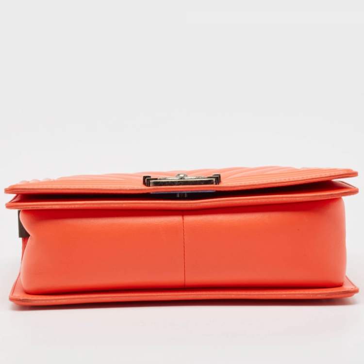 Pre Owned Chanel Orange Chevron Leather Medium Boy Flap Bag