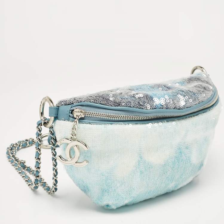 Pre Owned Chanel Light Blue Sequins Waterfall Belt Bag