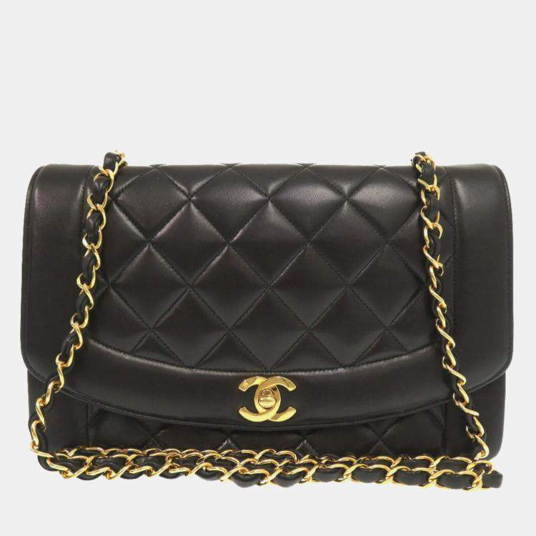 Pre Owned Chanel Black Lambskin Diana 25 Medium Mattelasse Shoulder Bag