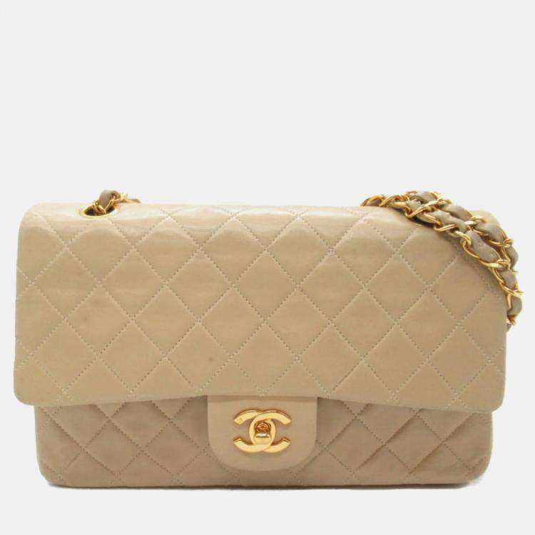 Chanel Beige Lambskin (Sheepskin) Matelasse Double Flap Chain Shoulder Bag