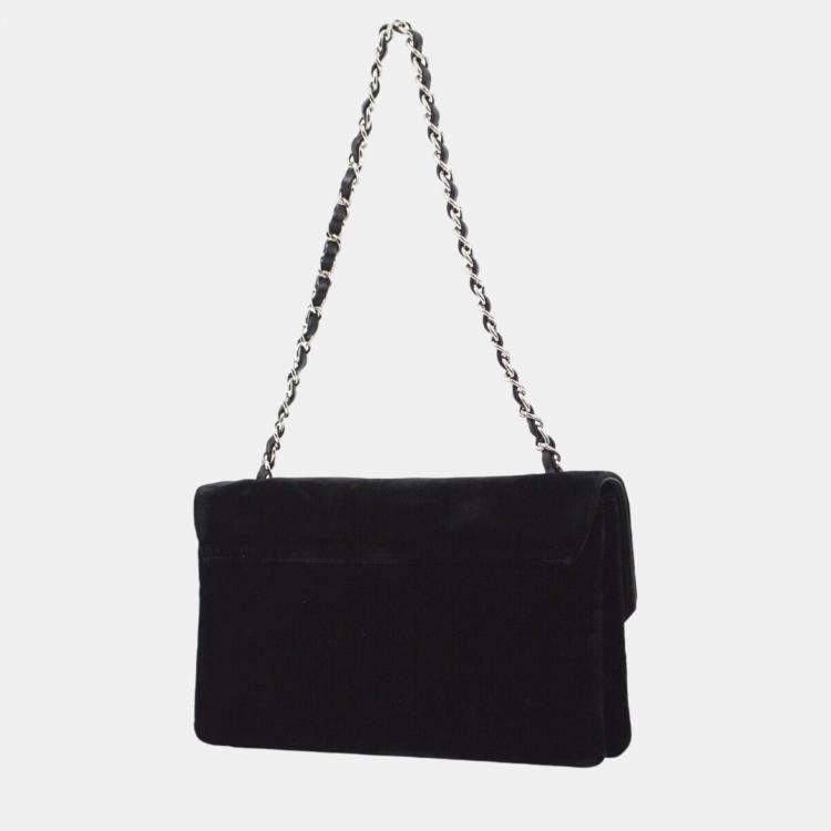 Pre Owned Chanel Black Velvet Camelia Single Chain Shoulder Bag
