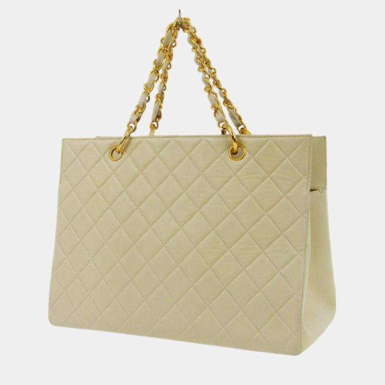 Pre Owned Chanel Ivory Lambskin Chain Tote Handbag