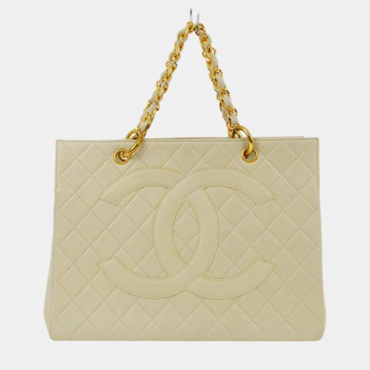 Pre Owned Chanel Ivory Lambskin Chain Tote Handbag